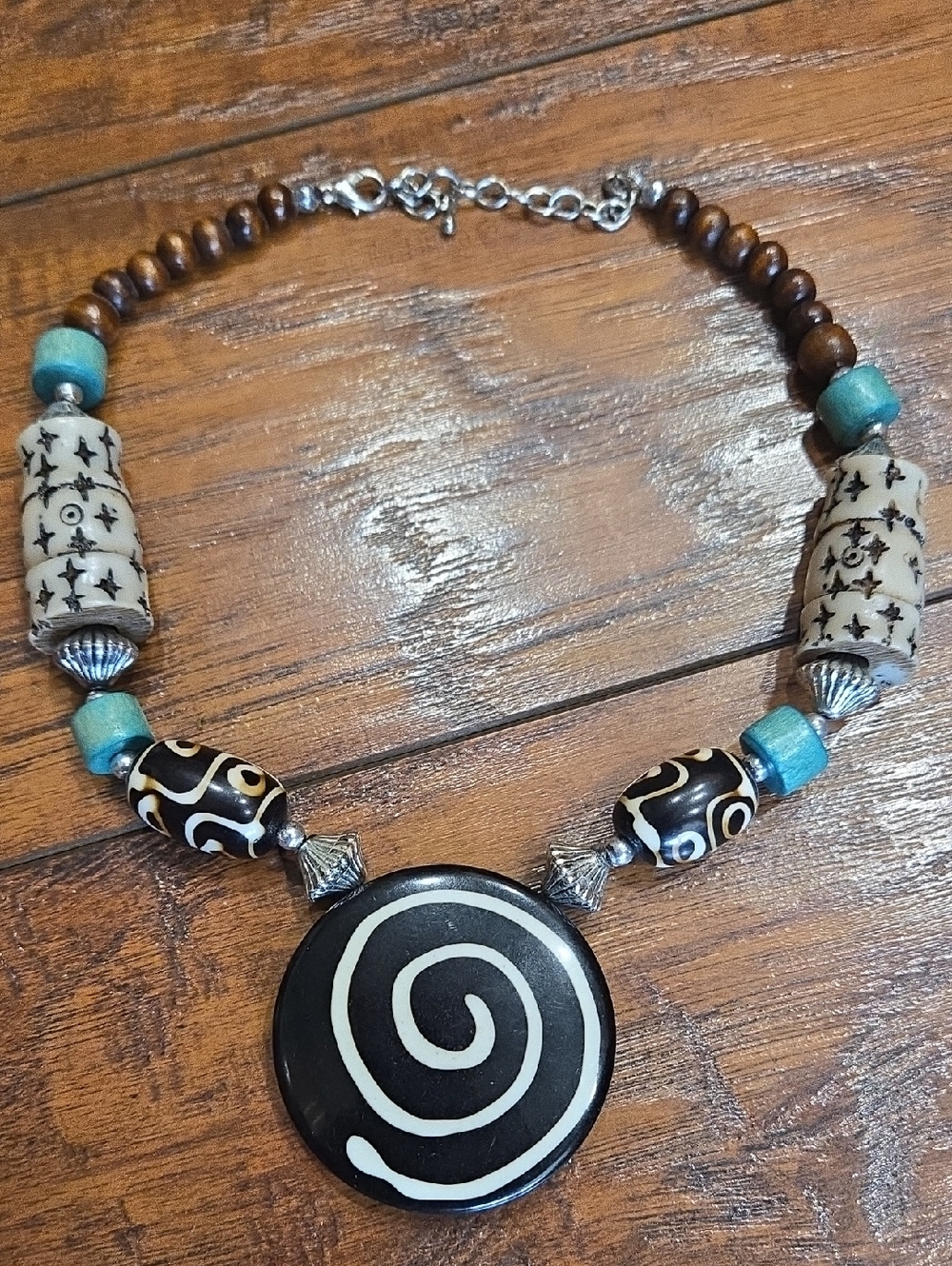 Boho Spiral Pendant Necklace in Black and Turquoise